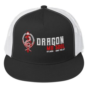 A black and white mesh trucker hat featuring the Dragon Mu Sool logo, with a red and blue dragon emblem beside white and red embroidered text that reads “DRAGON MU SOOL – SYLMAR • SIMI VALLEY.”