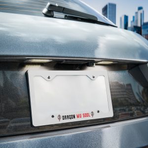 Close-up of a car’s chrome back bumper featuring a custom license plate that displays “DRAGON MU SOOL”