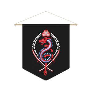 A black hanging banner featuring a stylized red and blue dragon coiled inside a white geometric oval with crossed swords and a flame motif at the bottom, topped by a lotus-like design, suspended from a wooden rod.