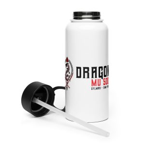 A white stainless steel water bottle with a black screw-on lid and straw attachment, featuring the Dragon Mu Sool logo with a red and blue dragon emblem and text reading “DRAGON MU SOOL – SYLMAR • SIMI VALLEY.”