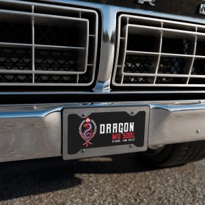 Close-up of a car’s chrome front grille featuring a custom license plate that displays the Dragon Mu Sool logo with a red and blue dragon emblem and the text “DRAGON MU SOOL – SYLMAR • SIMI VALLEY.”