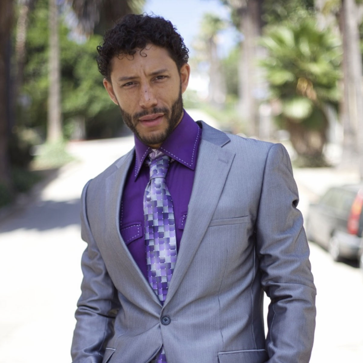 PKJN Nathan stands outdoors wearing a sharp silver suit with a vibrant purple shirt and a patterned purple tie. He looks confidently at the camera, with palm trees and a sunny street in the background.