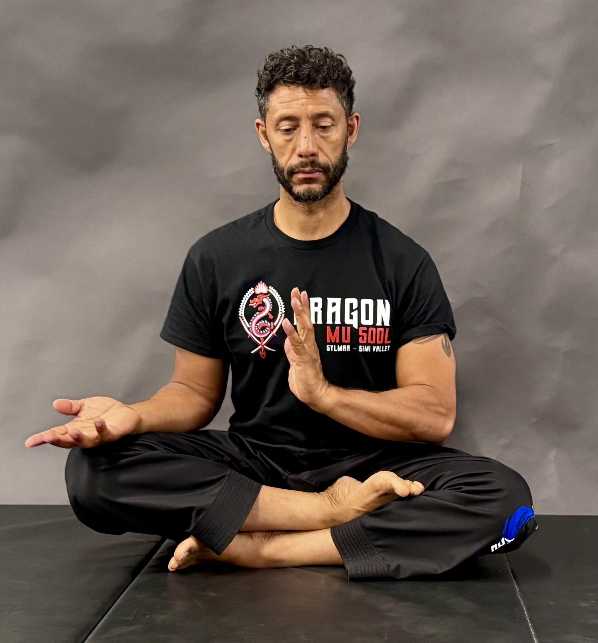 image0 PKJN Nathan, A martial artist sits cross-legged in a meditative pose wearing a black T-shirt with the Dragon Mu Sool logo. The person’s right hand is raised vertically while the left is open and resting on their knee.
